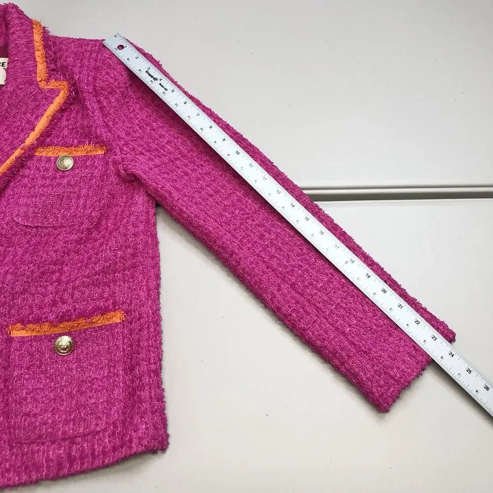 L'AGENCE Hot Pink Tweed Double-Breasted Blazer with Orange Trim - Picture 5 of 13